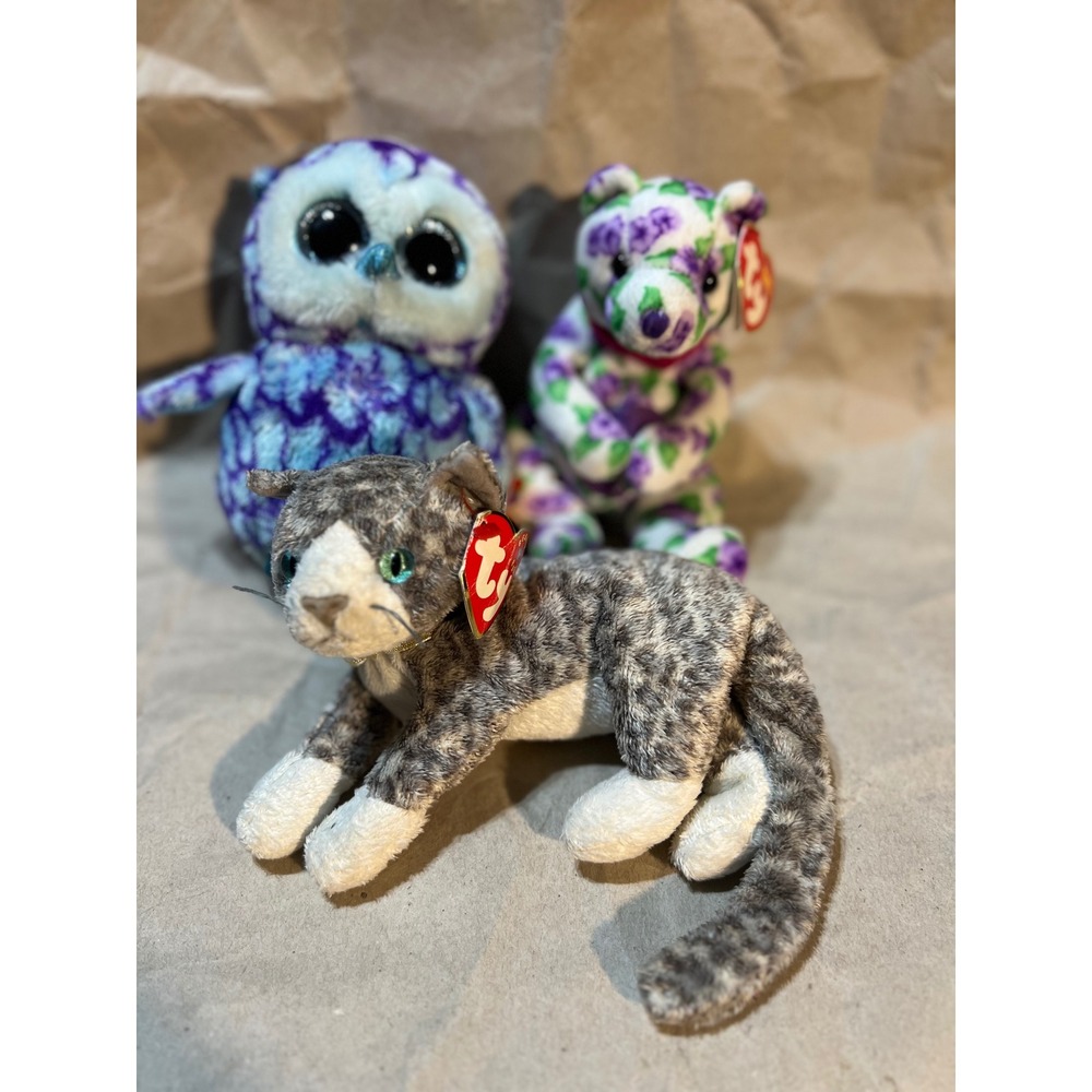Ty Small Plush Lot Scraps Cat Moonlight Owl Floral Bear Purple Grey White 3pc